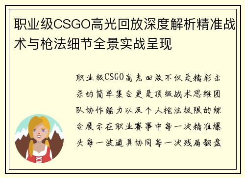 职业级CSGO高光回放深度解析精准战术与枪法细节全景实战呈现